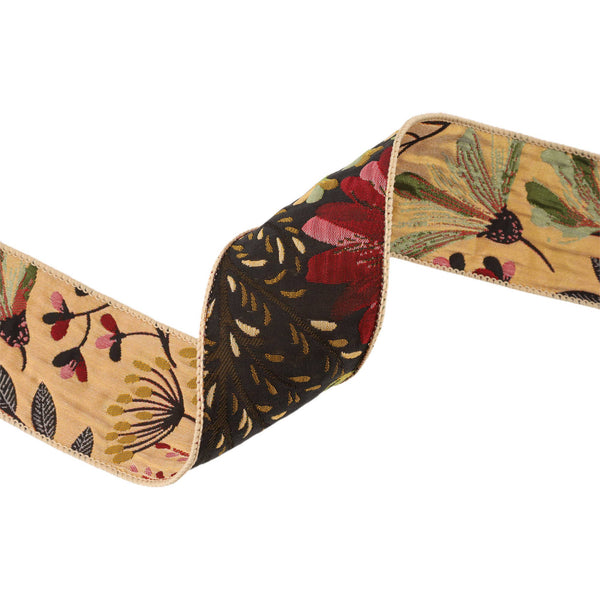 2 1/2" Reversible Floral Tapestry Wired Ribbon | Forest Pale Gold/Black | 5 Yard Roll