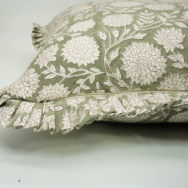 Elegant Thick Cotton White Printed Frill Pillow Cover- Rajat