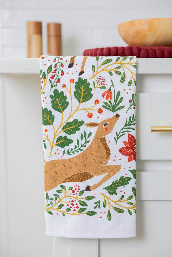 Christmas Forest Tea Towel – Woodland Animals & Poinsettias