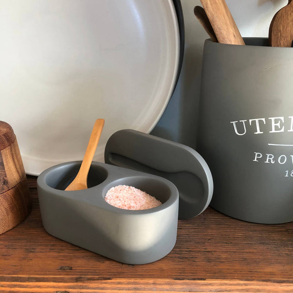 Fox Run Cement Salt Cellar with Spoon, Grey,3"x 3.5"x 6.25"