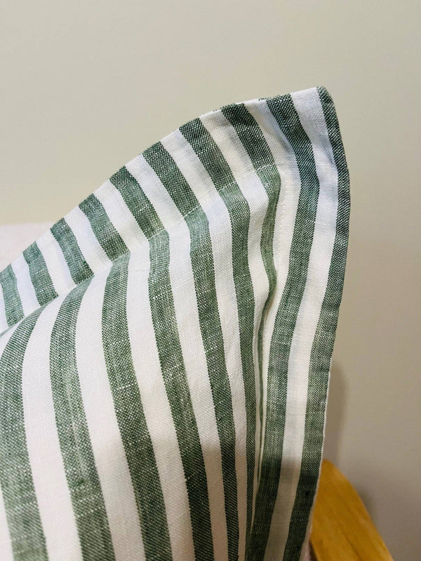Pure French Linen Cushion Cover with Flange Detail - Celtic Green Stripe