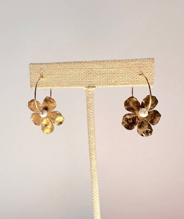 Gold Filled Hoop Hammered Brass Flower Earrings - White