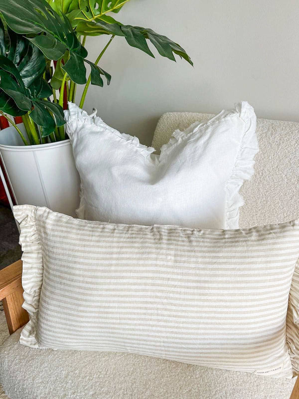 Pure French Linen Lumbar Cushion Cover with Ruffle Ends - Nature Pinstripes