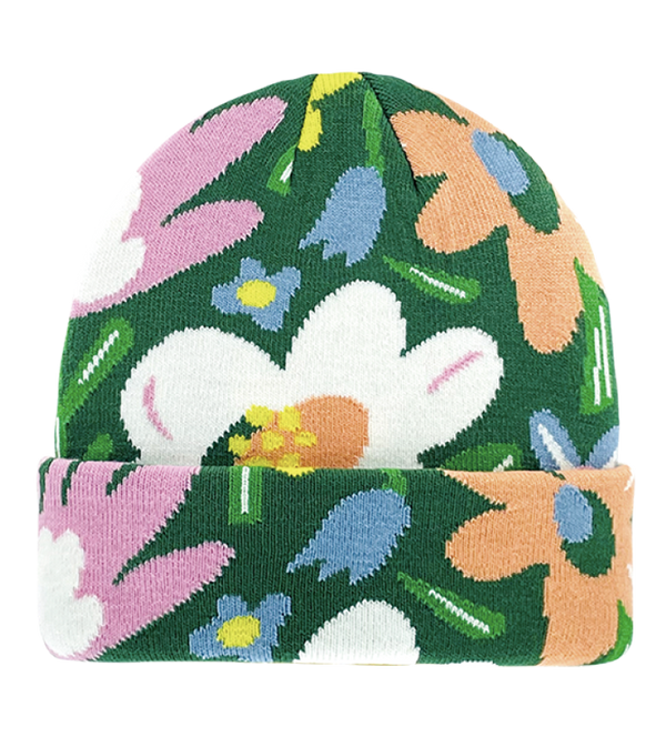 Floral Knit Beanie – Colorful Retro Winter Hat with Bold Daisy Flower Pattern-NI60081