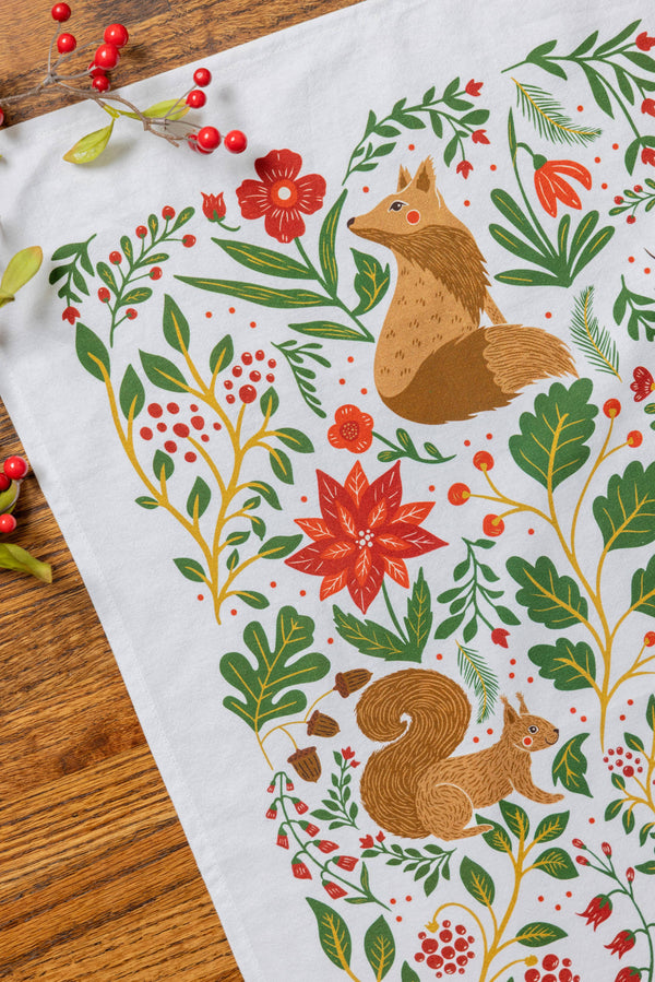 Christmas Forest Tea Towel – Woodland Animals & Poinsettias