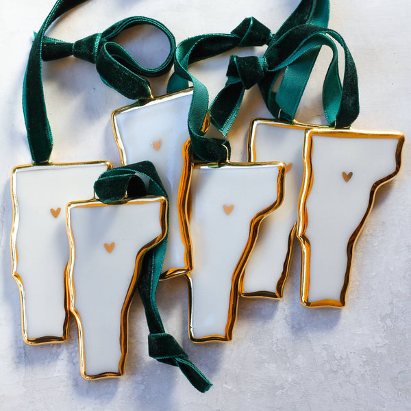 Handmade Porcelain Vermont State Ornaments with Gold Heart