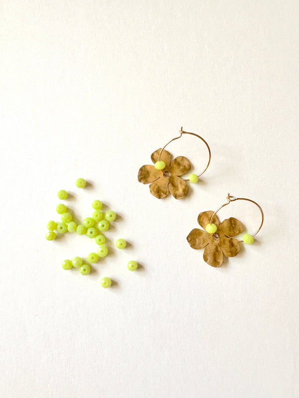 Gold Filled Hoop Hammered Brass Flower Earrings - Green