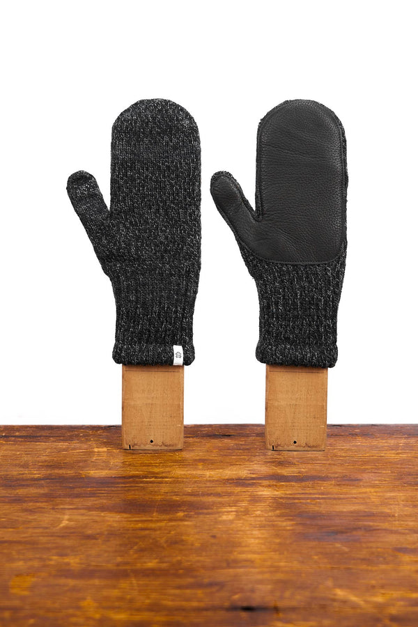 Black Melange Ragg Wool Mitten with Black Deer Skin