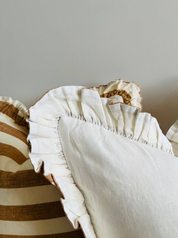Pure Linen Reversible Ruffle Cushion Cover - Wide Toffee Stripe/ Warm White