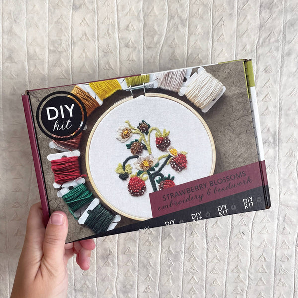 DIY Embroidery and Beadwork Kit - Strawberry Blossoms (5")