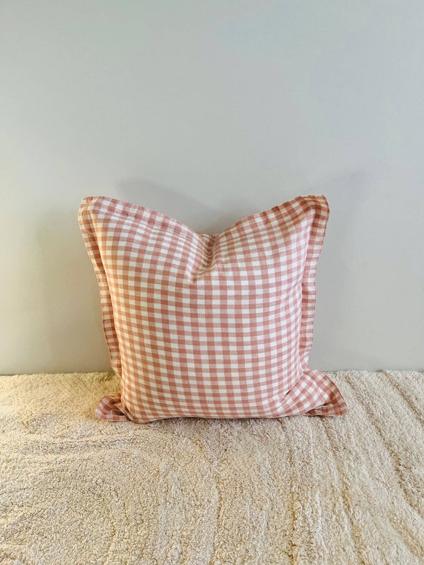 Pure French Linen Cushion Cover with Flange Detail - Blush Gingham