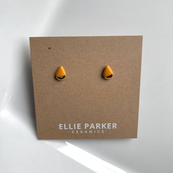 Teardrop Mustard Ceramic Gold Accent Stud Earrings