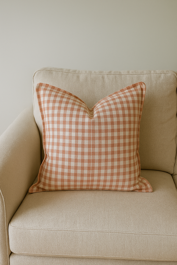 Pure French Linen Cushion Cover with Flange Detail - Blush Gingham