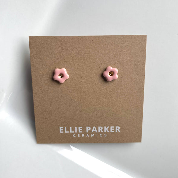 Flower Pink Ceramic Stud Earrings with Gold Lustre