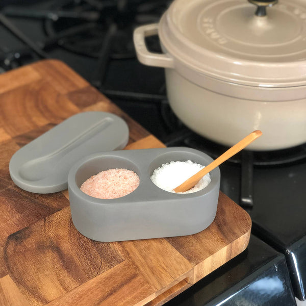 Fox Run Cement Salt Cellar with Spoon, Grey,3"x 3.5"x 6.25"