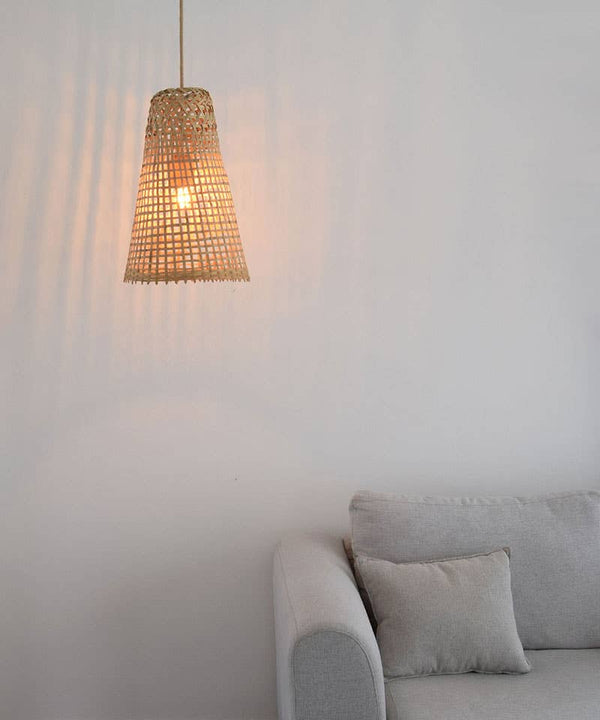Cone Shaped Thick Woven Bamboo Pendant Light - Plug In