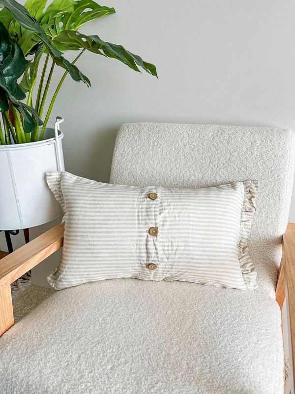 Pure French Linen Lumbar Cushion Cover with Ruffle Ends - Nature Pinstripes