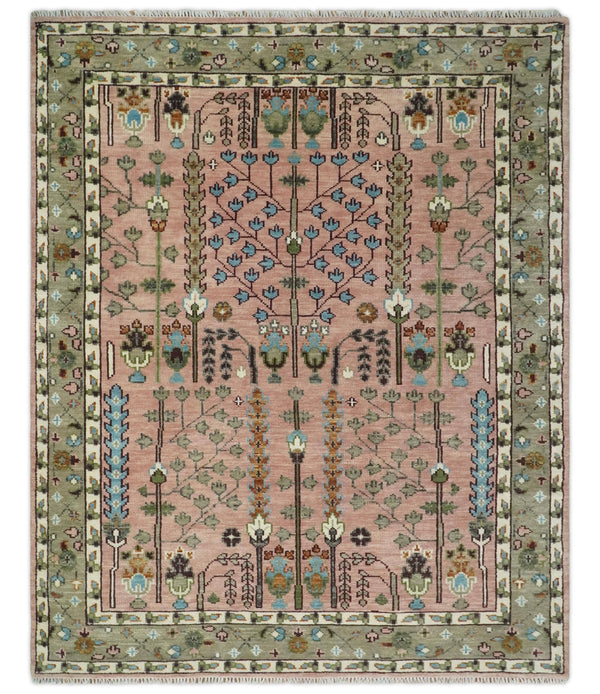 Pink, Olive and Beige Traditional Vintage Style Wool Rug