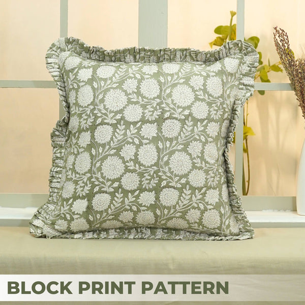 Elegant Thick Cotton White Printed Frill Pillow Cover- Rajat