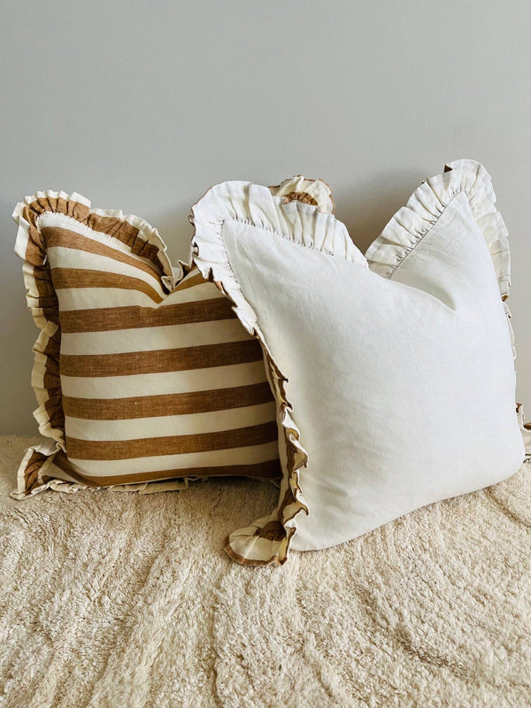 Pure Linen Reversible Ruffle Cushion Cover - Wide Toffee Stripe/ Warm White