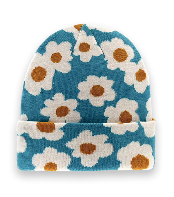 Blue Daisy Floral Knit Beanie Hat – Retro Winter Warm Unisex Fashion Accessory-NI60010