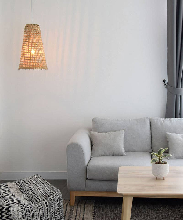 Cone Shaped Thick Woven Bamboo Pendant Light - Plug In