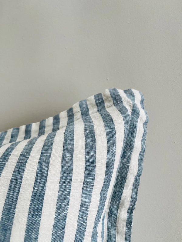 Pure French Linen Cushion Cover with Flange Detail - Stone Blue Stripe