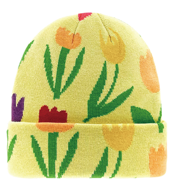 Yellow Tulip Floral Knit Beanie Hat for Winter Warmth, Retro Style, and Streetwear Fashion-NI60019