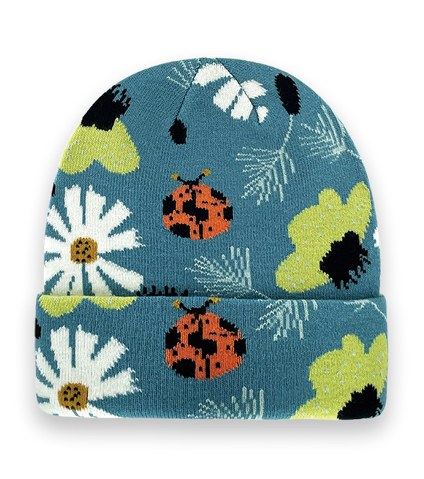 Unisex Knit Beanie with Ladybug and Daisy Flower Pattern, Cute Garden Style Winter Hat-NI60141
