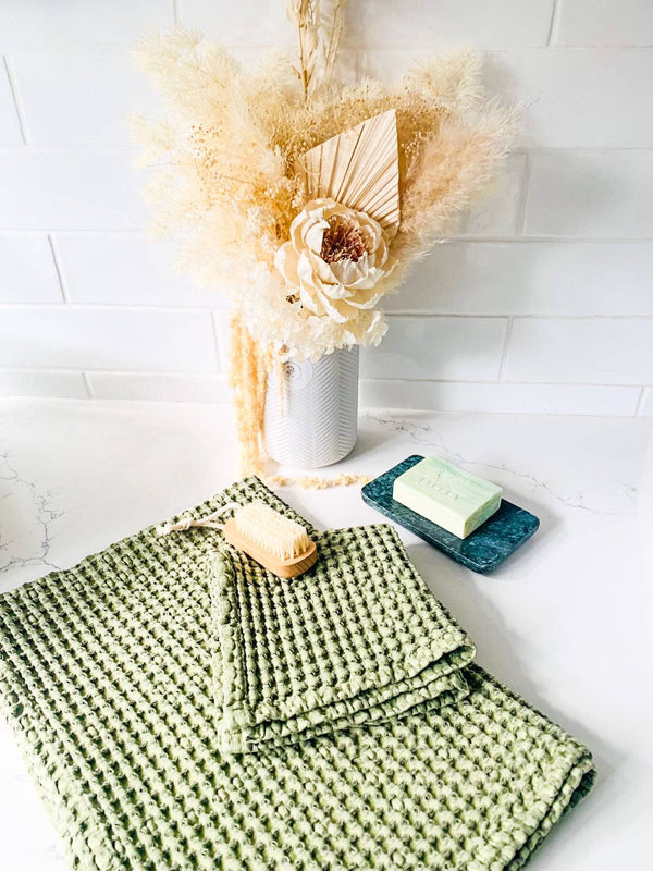 100% Organic Cotton Rustic Waffle Tea/Hand Towel - Lt Olive