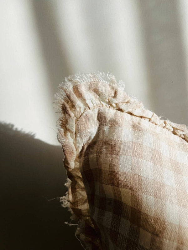 Pure French Linen Frayed Edge Ruffle Cushion Cover - Beige Gingham