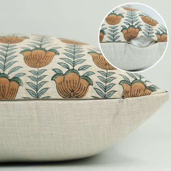 Floral Block Print Linen Blend Pillow Cover - Lotus