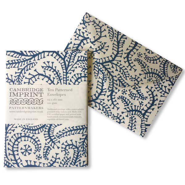 Packet of Ten Patterned Envelopes Seaweed Paisley Prussian Blue