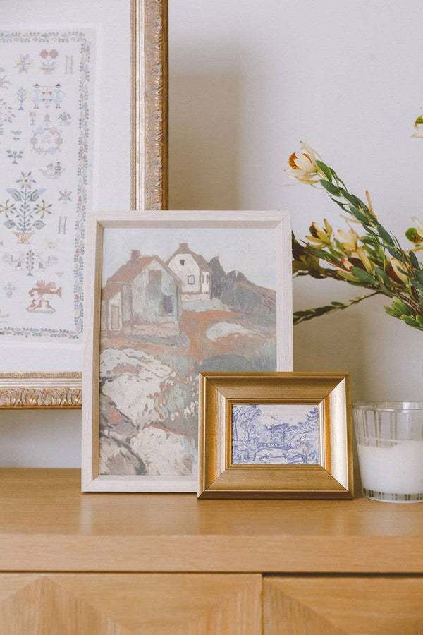Landscape with Houses Framed Antique Art