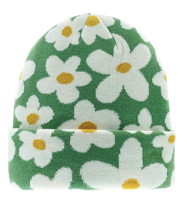 Green Daisy Floral Knit Beanie Hat for Winter Warmth, Retro Style, and Casual Fashion-NI60023