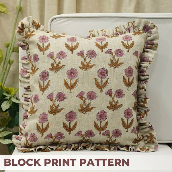 Modern Block Print Thick Linen Frill Pillow Cover-Kirti