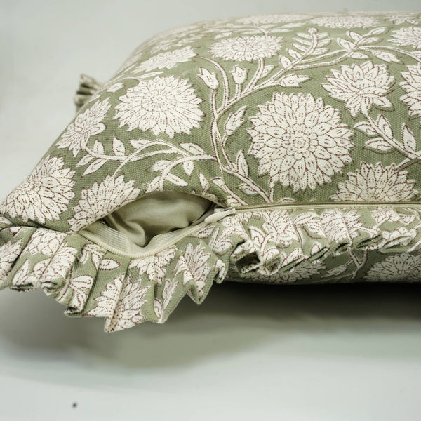 Elegant Thick Cotton White Printed Frill Pillow Cover- Rajat