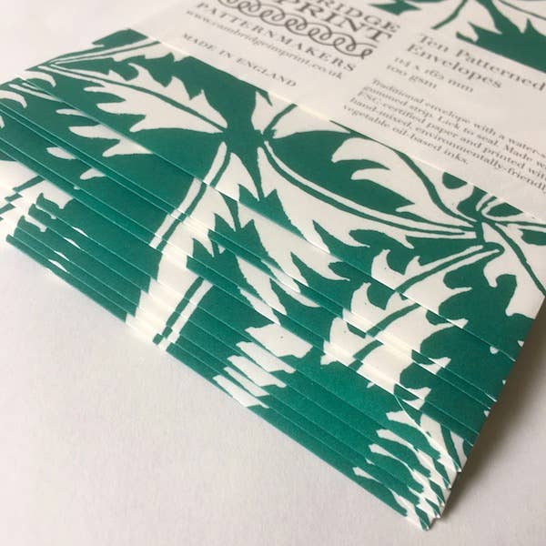 Packet of Ten Patterned Envelopes Dandelion Bottle Green
