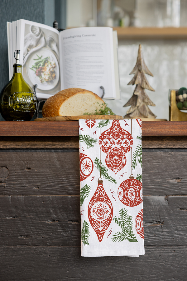 Ornament Tea Towel - Classic Holiday Kitchen Decor