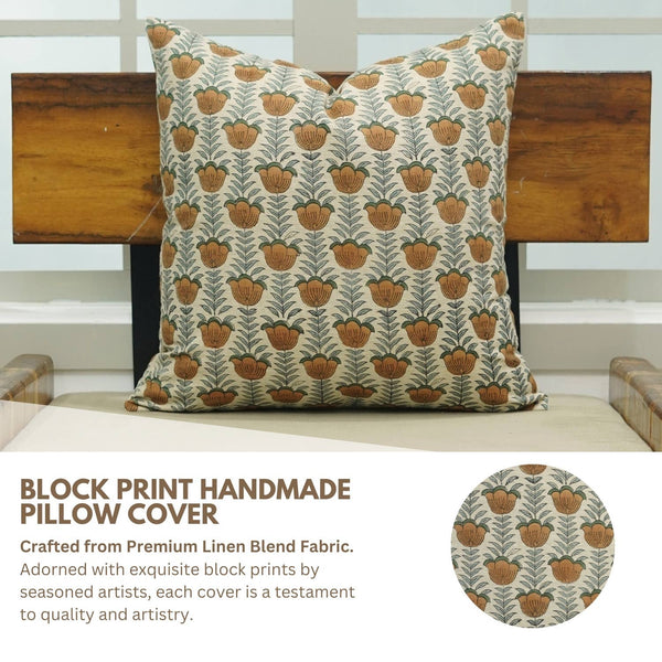Floral Block Print Linen Blend Pillow Cover - Lotus