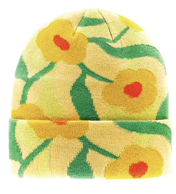 Yellow Floral Knit Beanie – Bright Retro Winter Hat with Bold Daisy Pattern-NI60077