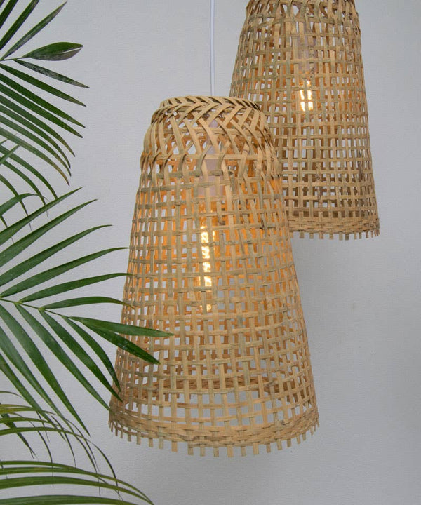 Cone Shaped Thick Woven Bamboo Pendant Light - Plug In