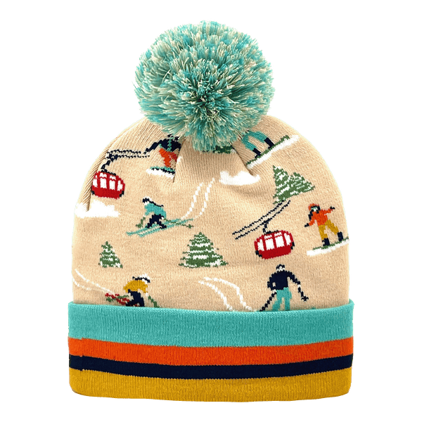 Winter Ski Resort Gondola Knit Beanie Hat with Mountain Scene Pom Pom