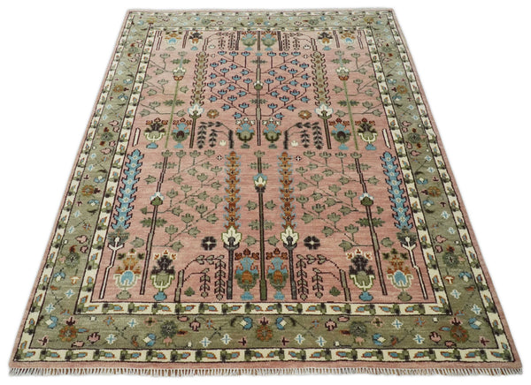 Pink, Olive and Beige Traditional Vintage Style Wool Rug