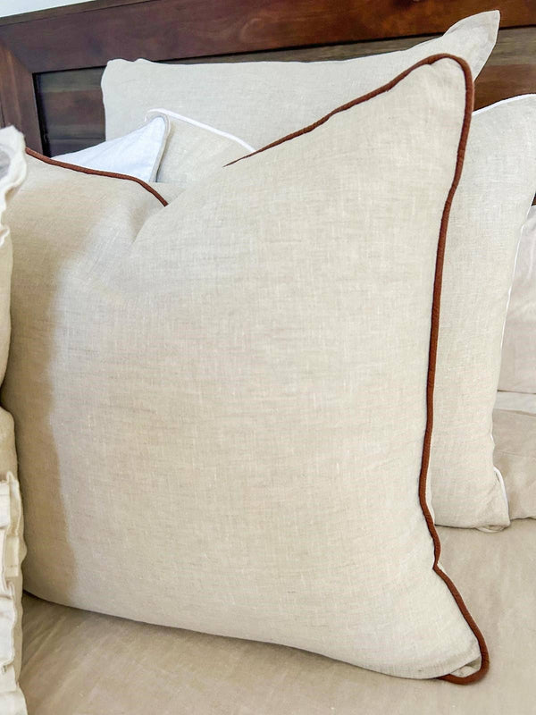 Linen Cushion Cover with Piped Edge - Natural with Coffee Pi
