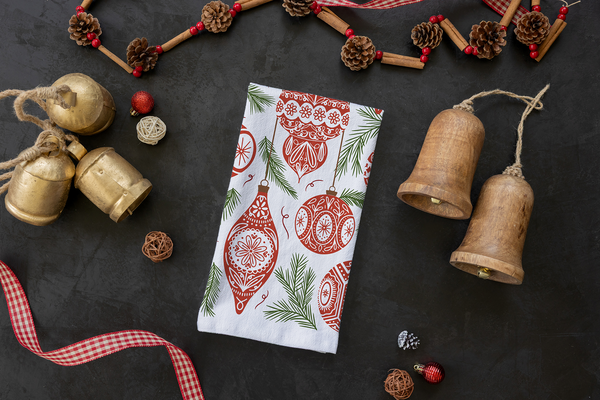 Ornament Tea Towel - Classic Holiday Kitchen Decor