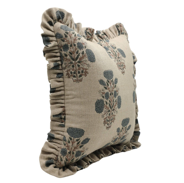 Unique Thick Linen Block Print Frill  Pillow Cover-Swadesh