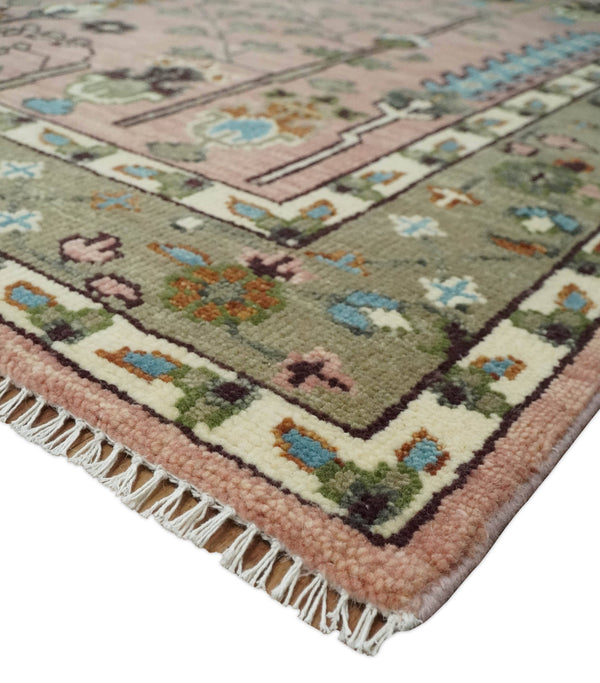 Pink, Olive and Beige Traditional Vintage Style Wool Rug