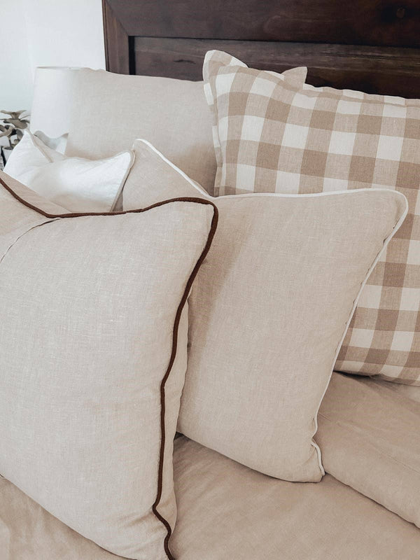 Linen Cushion Cover with Piped Edge - Natural with Coffee Pi