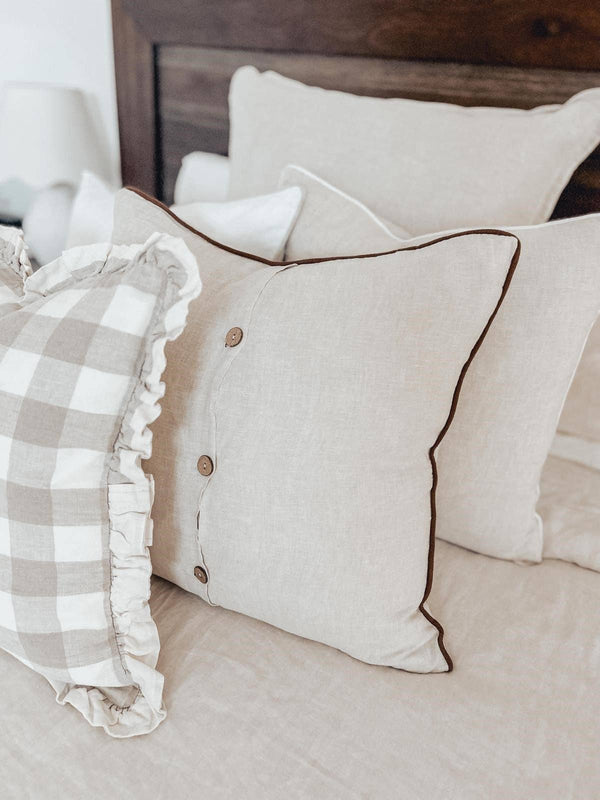 Linen Cushion Cover with Piped Edge - Natural with Coffee Pi